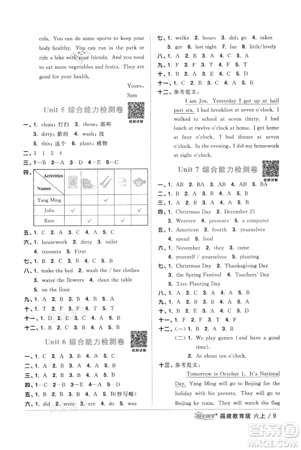 江西教育出版社2021陽(yáng)光同學(xué)課時(shí)優(yōu)化作業(yè)六年級(jí)上冊(cè)英語(yǔ)福建教育版參考答案