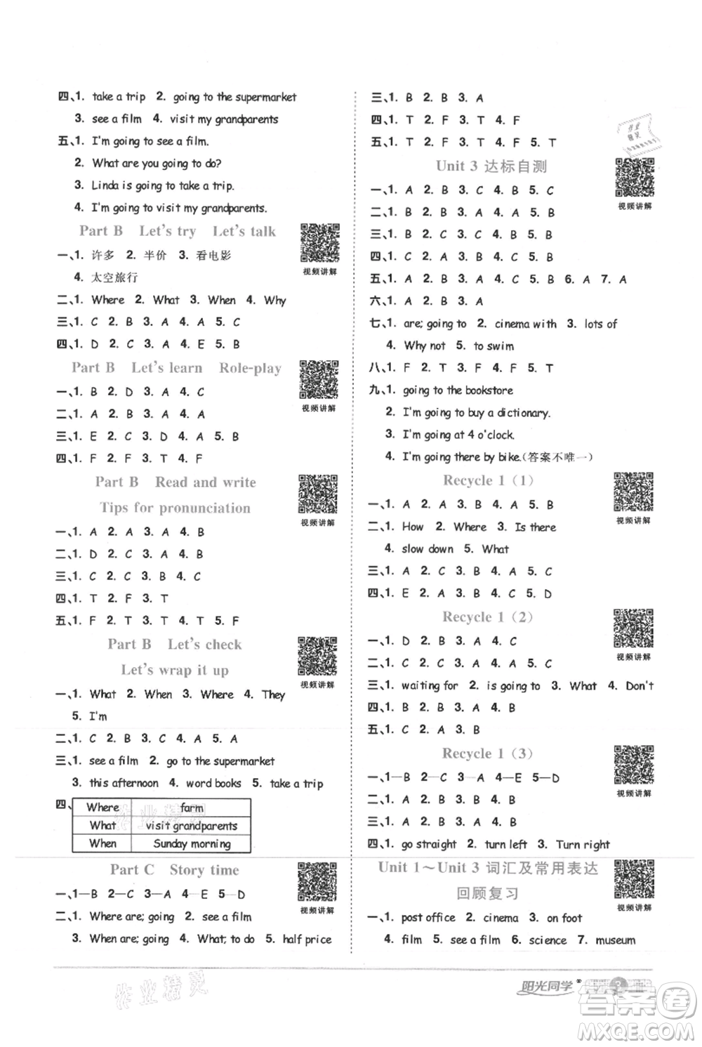 江西教育出版社2021陽光同學(xué)課時優(yōu)化作業(yè)六年級上冊英語人教版菏澤專版參考答案