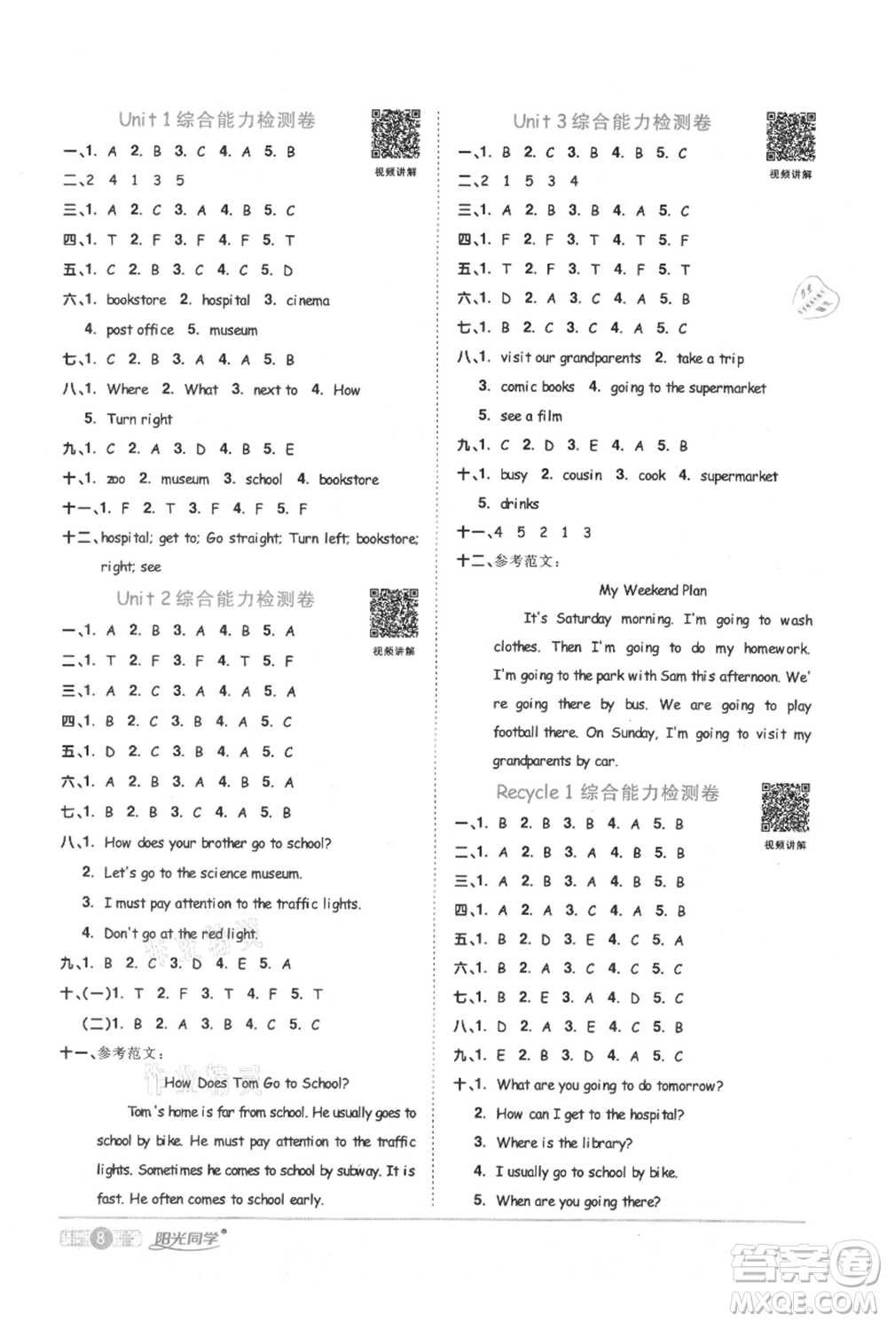 江西教育出版社2021陽光同學(xué)課時優(yōu)化作業(yè)六年級上冊英語人教版菏澤專版參考答案