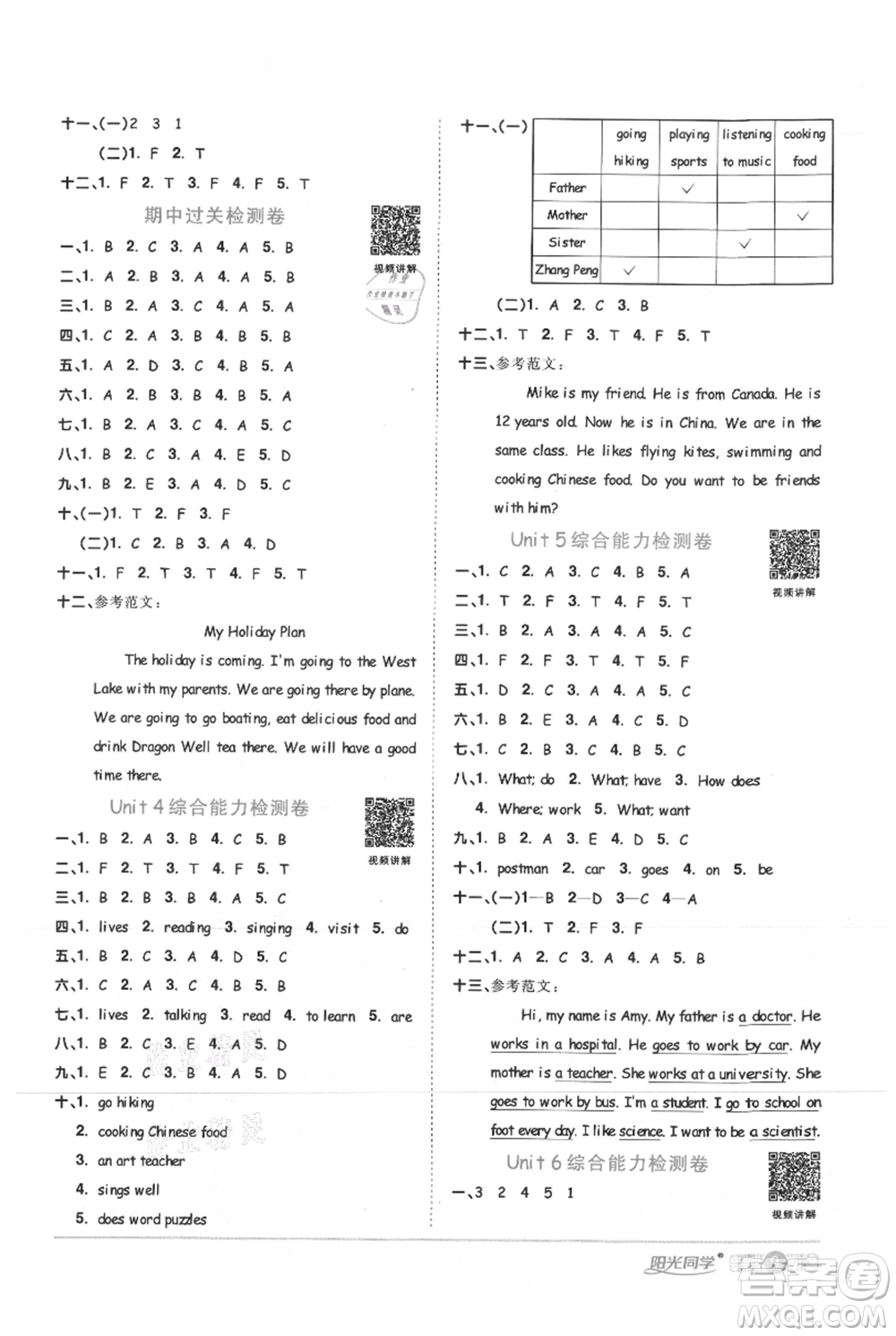 江西教育出版社2021陽光同學(xué)課時優(yōu)化作業(yè)六年級上冊英語人教版菏澤專版參考答案