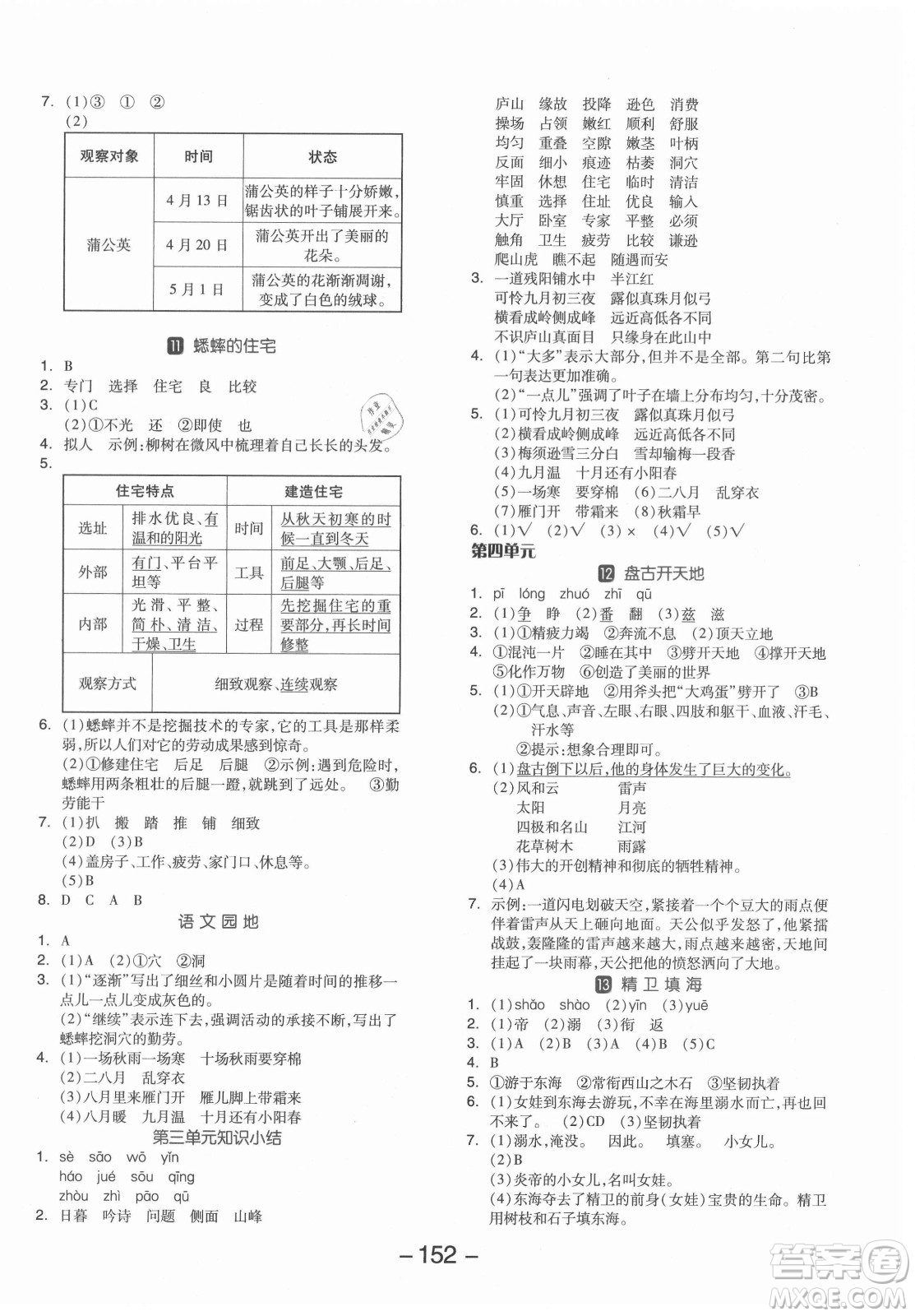 開明出版社2021全品學(xué)練考語(yǔ)文四年級(jí)上冊(cè)RJ人教版答案