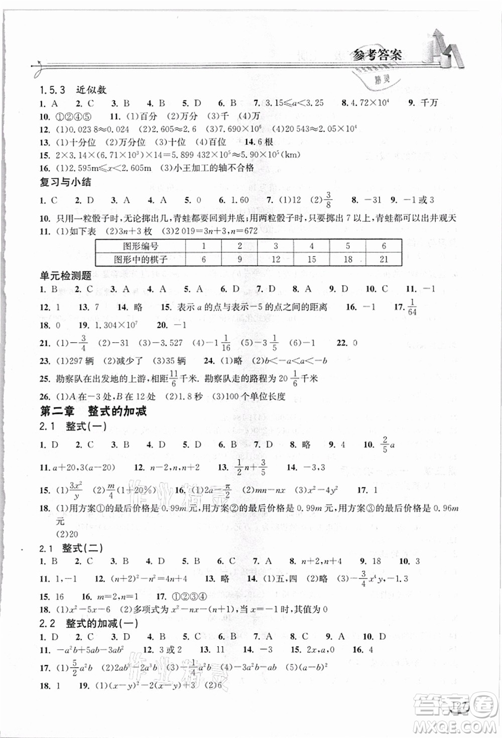 湖北教育出版社2021長江作業(yè)本同步練習(xí)冊七年級數(shù)學(xué)上冊人教版答案