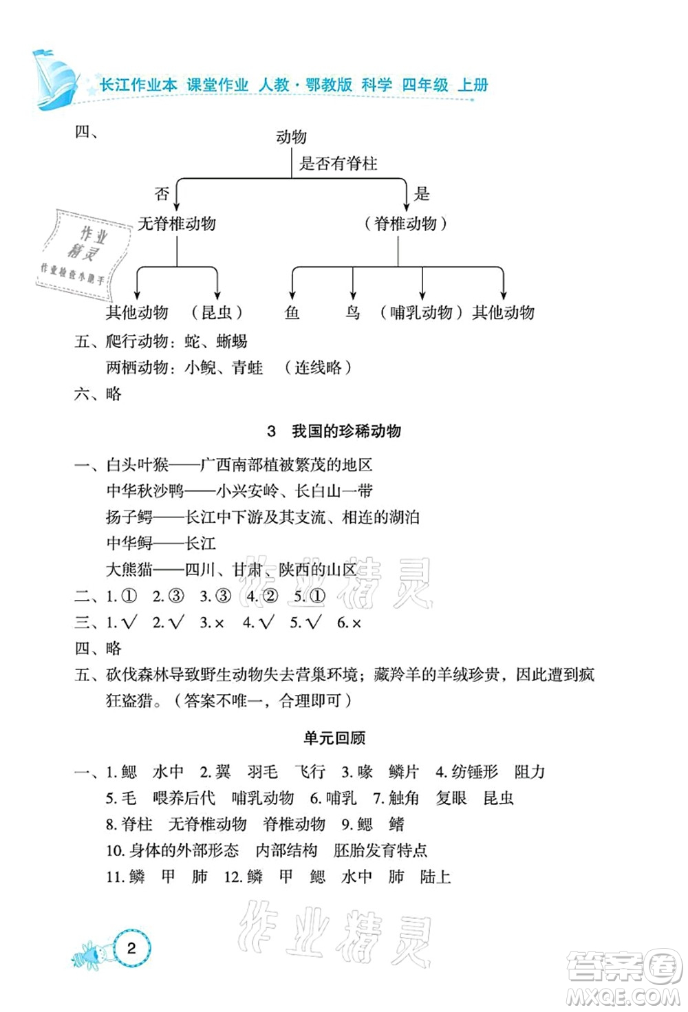 湖北教育出版社2021長(zhǎng)江作業(yè)本課堂作業(yè)四年級(jí)科學(xué)上冊(cè)人教鄂教版答案