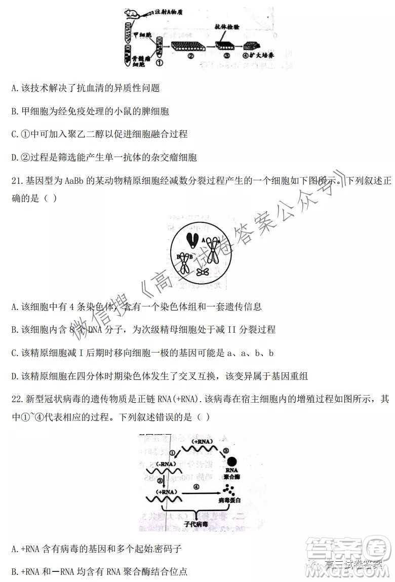 2021學(xué)年第一學(xué)期浙江省七彩陽光新高考研究聯(lián)盟返校考生物試題及答案