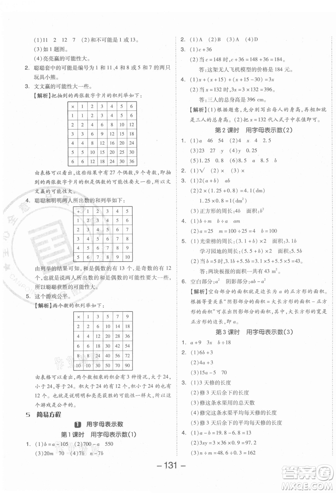 開明出版社2021全品學(xué)練考數(shù)學(xué)五年級上冊RJ人教版答案