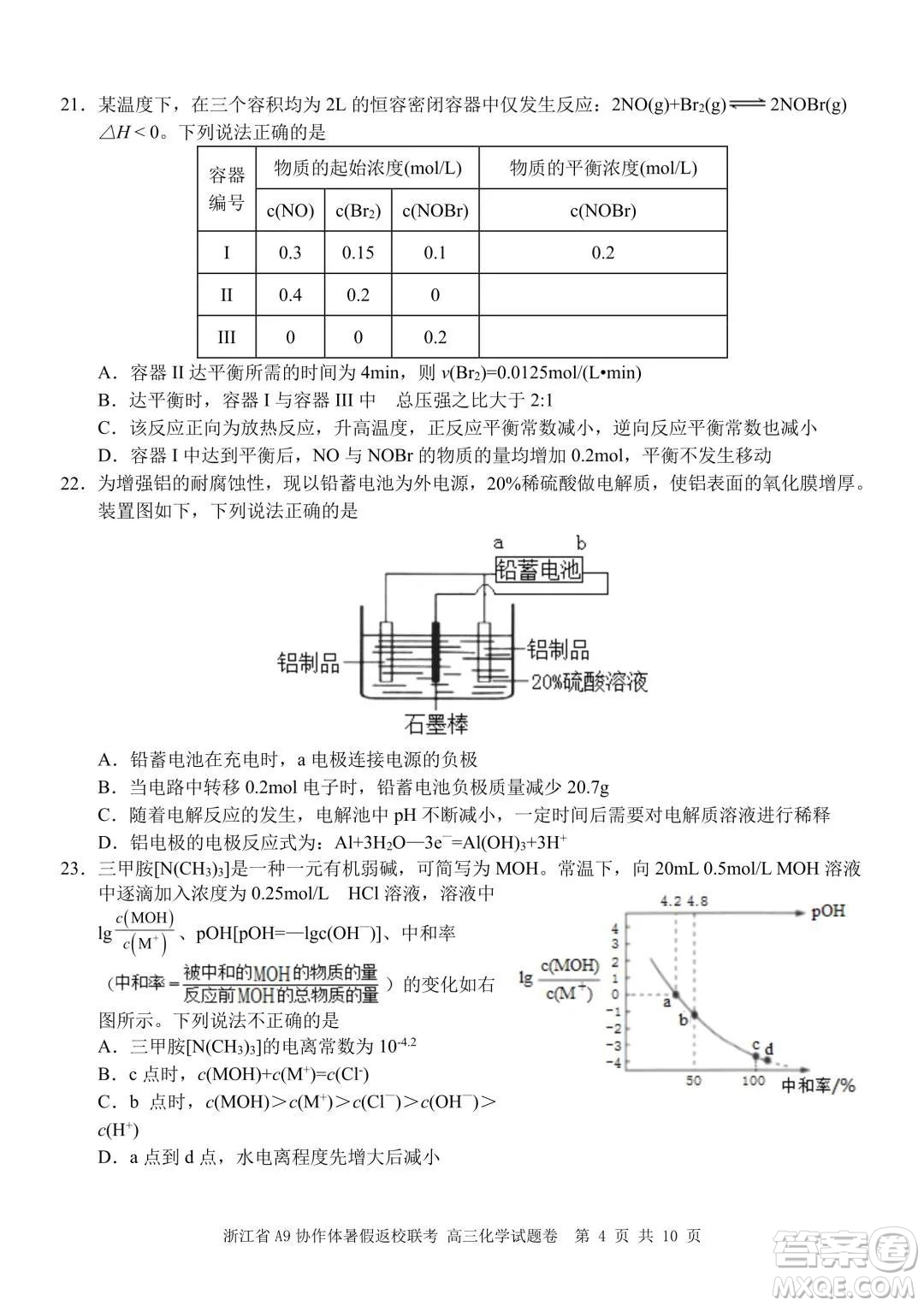 2022屆浙江省A9協(xié)作體暑假返校聯(lián)考高三化學試題卷及答案