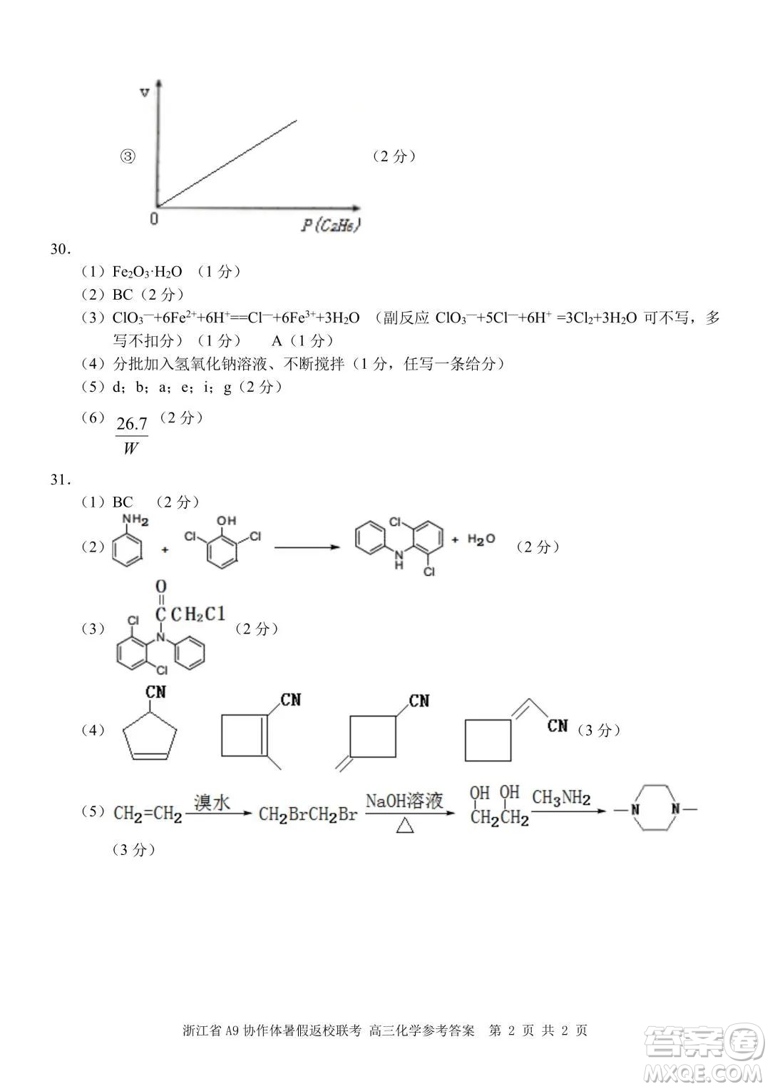 2022屆浙江省A9協(xié)作體暑假返校聯(lián)考高三化學試題卷及答案