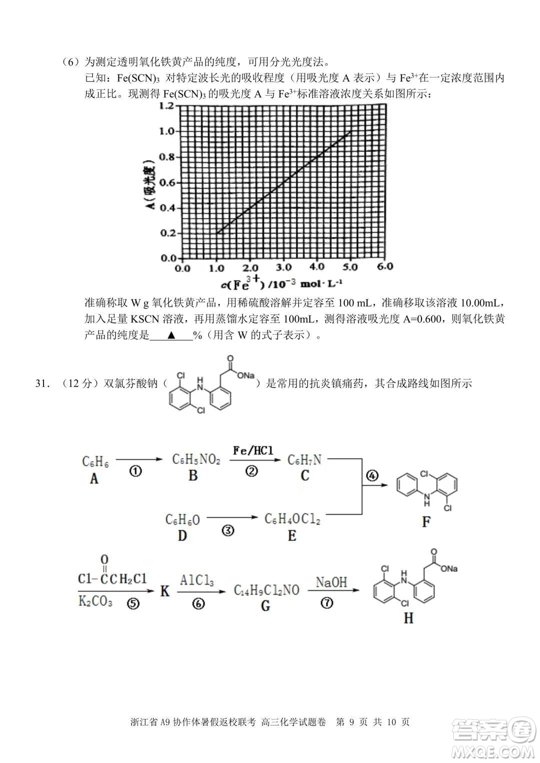 2022屆浙江省A9協(xié)作體暑假返校聯(lián)考高三化學試題卷及答案