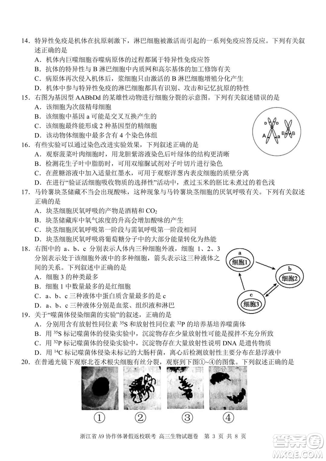 2022屆浙江省A9協(xié)作體暑假返校聯(lián)考高三生物試題卷及答案