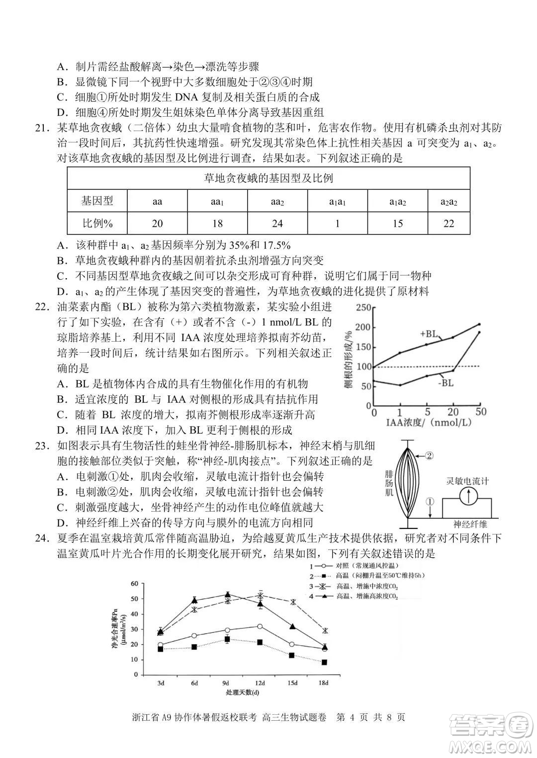 2022屆浙江省A9協(xié)作體暑假返校聯(lián)考高三生物試題卷及答案