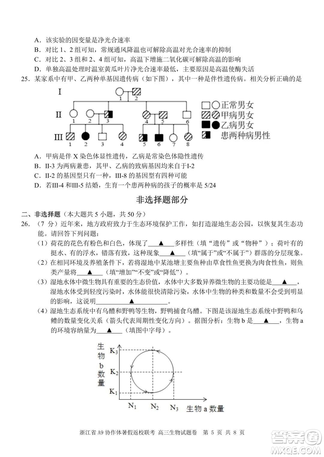 2022屆浙江省A9協(xié)作體暑假返校聯(lián)考高三生物試題卷及答案