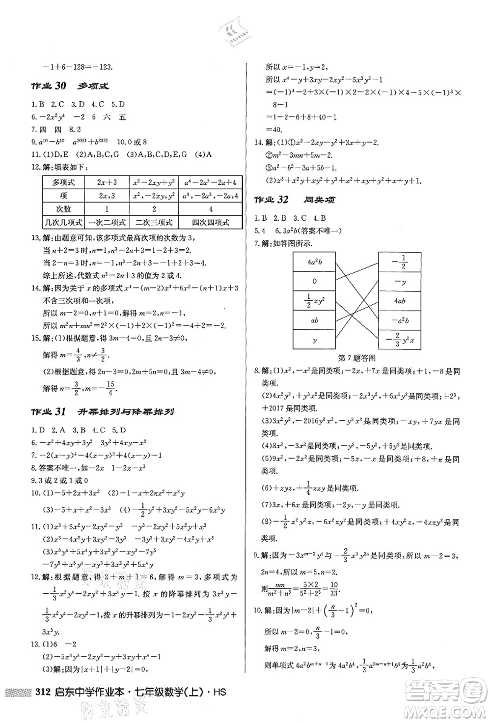 龍門書局2021啟東中學作業(yè)本七年級數學上冊HS華師版答案