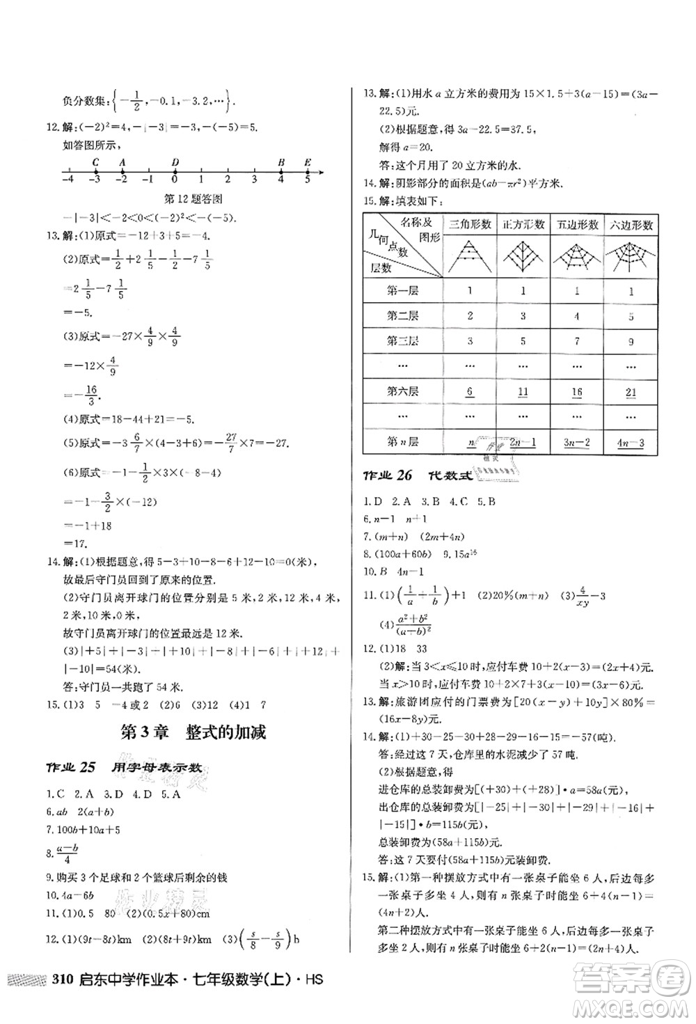 龍門書局2021啟東中學作業(yè)本七年級數學上冊HS華師版答案