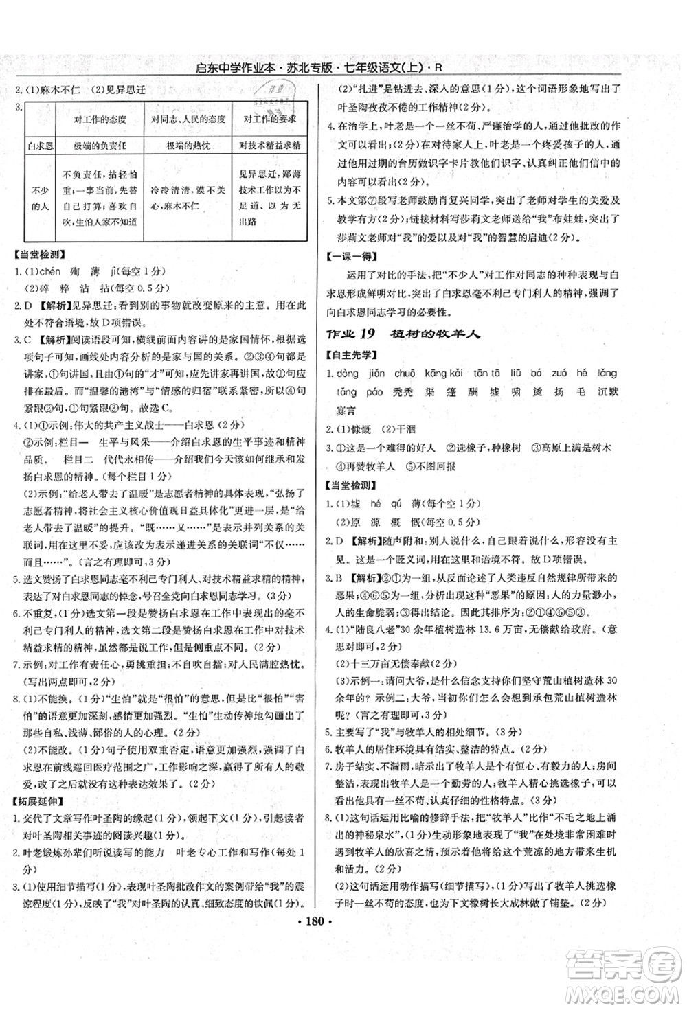 龍門書局2021啟東中學作業(yè)本七年級語文上冊R人教版蘇北專版答案