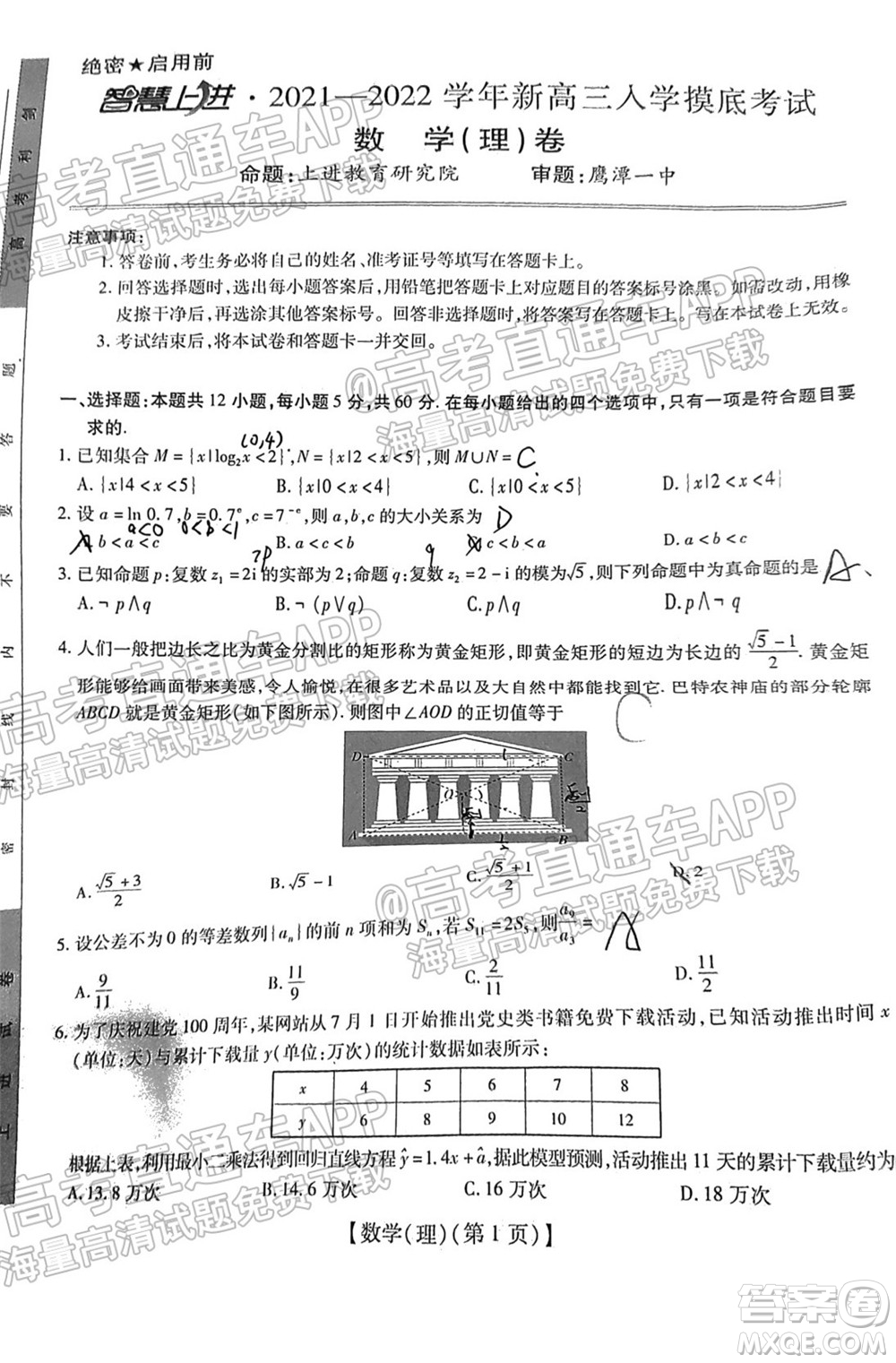 智慧上進2021-2022學年新高三入學摸底考試理科數(shù)學試題及參考答案