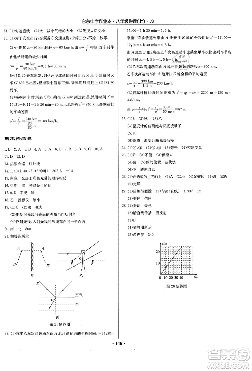 龍門書局2021啟東中學(xué)作業(yè)本八年級物理上冊JS江蘇版答案