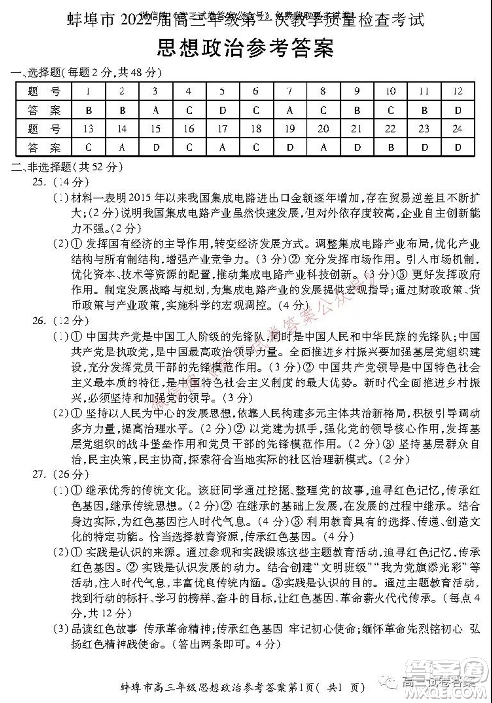 蚌埠市2022屆高三年級第一次教學質量檢查考試思想政治試題及答案