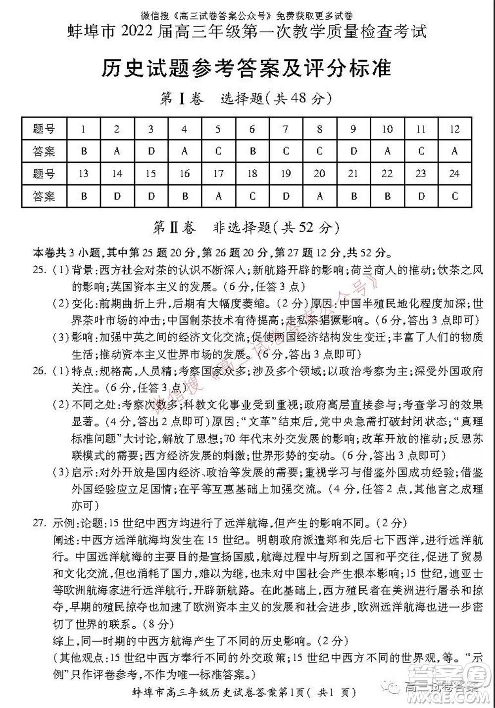 蚌埠市2022屆高三年級(jí)第一次教學(xué)質(zhì)量檢查考試歷史試題及答案