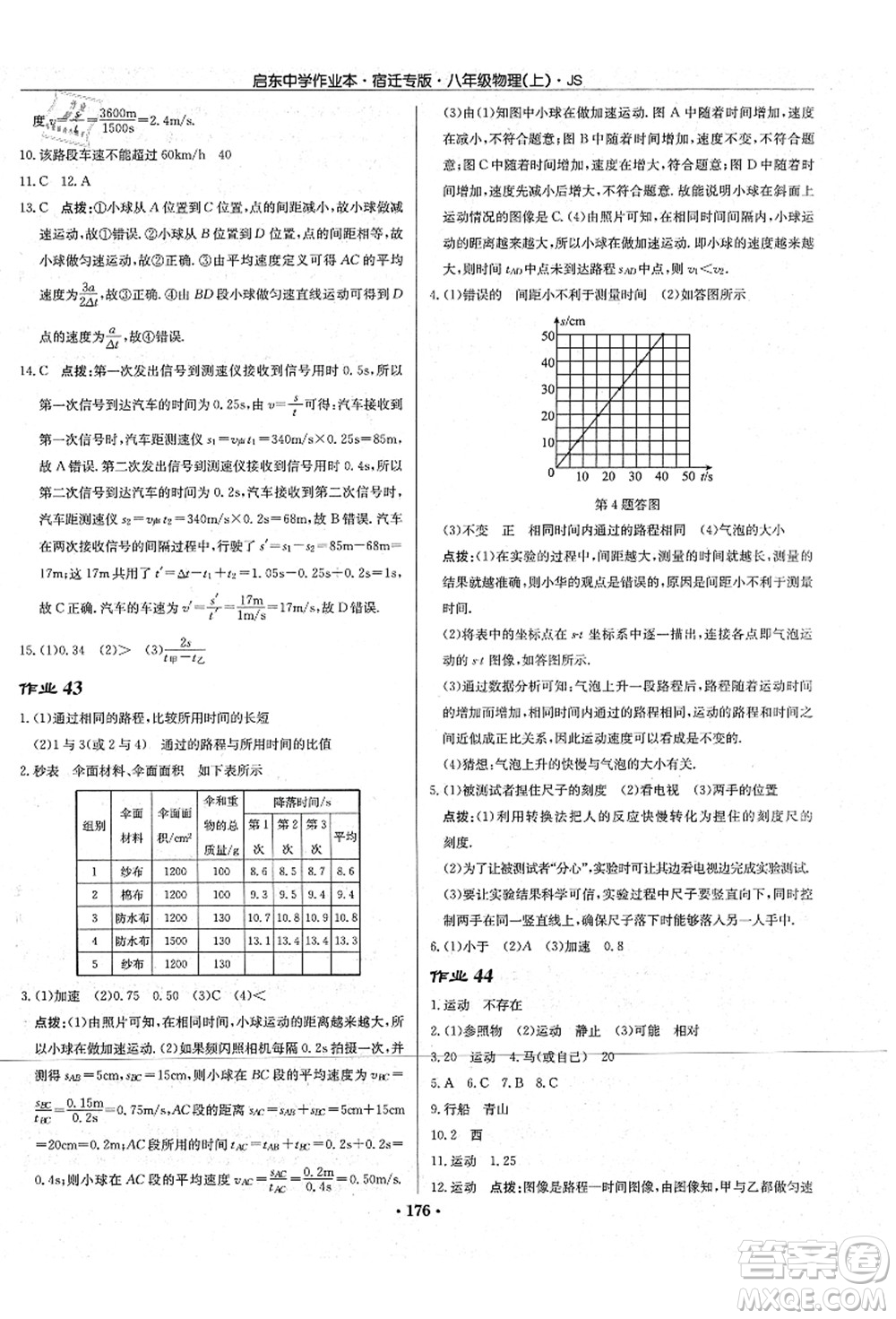 龍門書局2021啟東中學(xué)作業(yè)本八年級(jí)物理上冊(cè)JS江蘇版宿遷專版答案