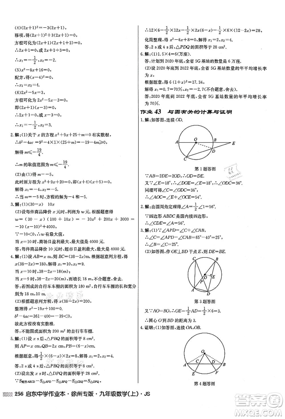 龍門書局2021啟東中學(xué)作業(yè)本九年級數(shù)學(xué)上冊JS江蘇版徐州專版答案