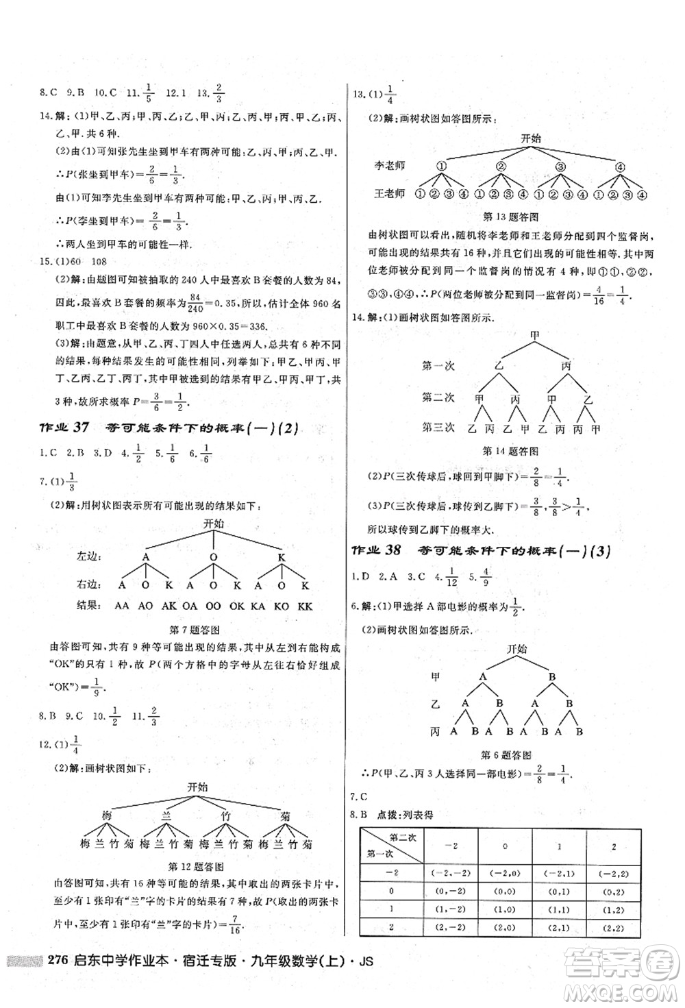 龍門書局2021啟東中學(xué)作業(yè)本九年級數(shù)學(xué)上冊JS江蘇版宿遷專版答案