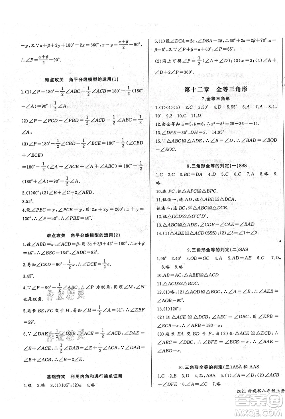 長江少年兒童出版社2021思維新觀察八年級數(shù)學上冊RJ人教版答案