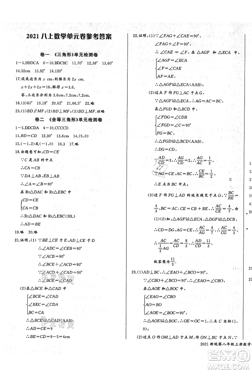 長江少年兒童出版社2021思維新觀察八年級數(shù)學上冊RJ人教版答案