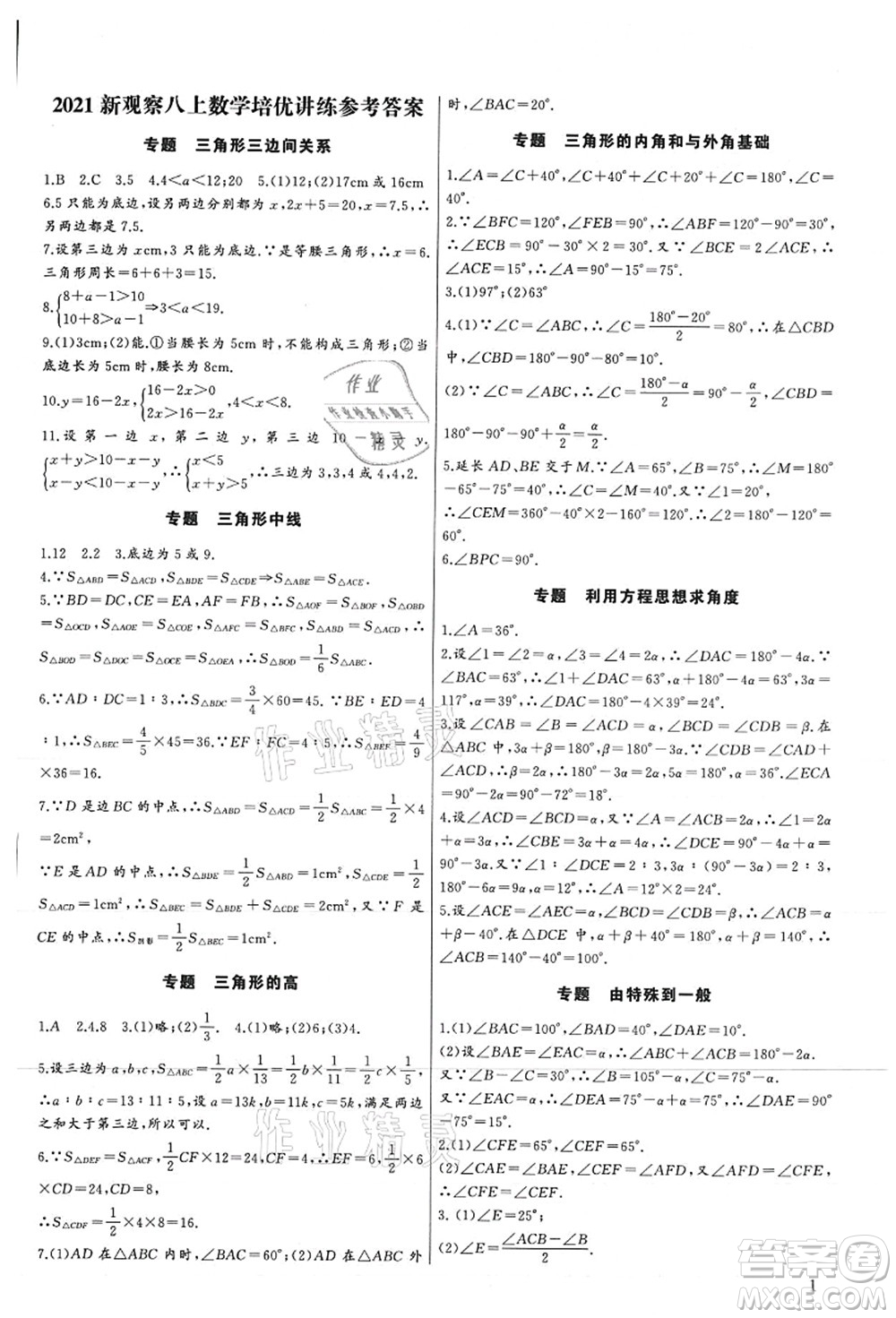 長江少年兒童出版社2021思維新觀察培優(yōu)講練八年級數(shù)學(xué)上冊人教版答案