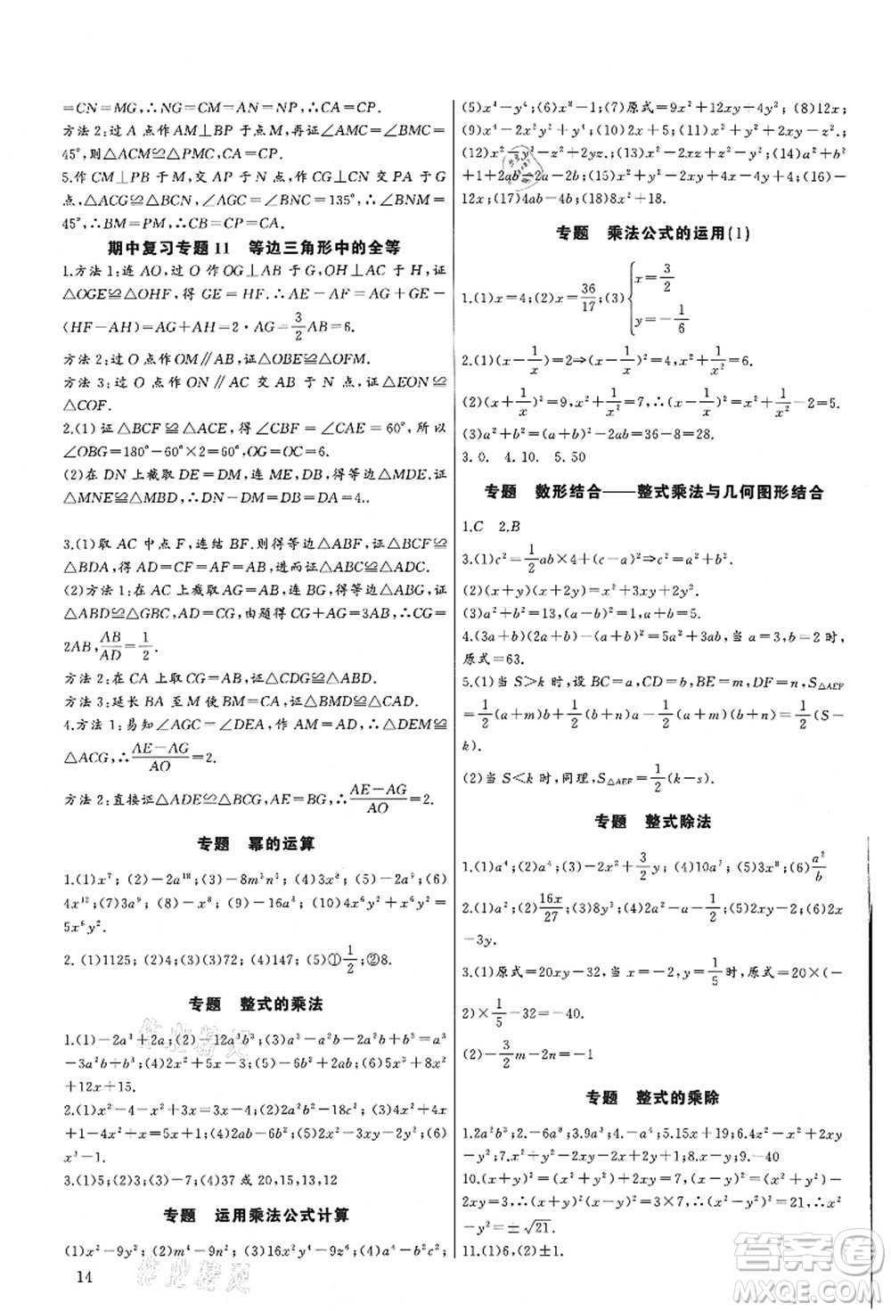 長江少年兒童出版社2021思維新觀察培優(yōu)講練八年級數(shù)學(xué)上冊人教版答案