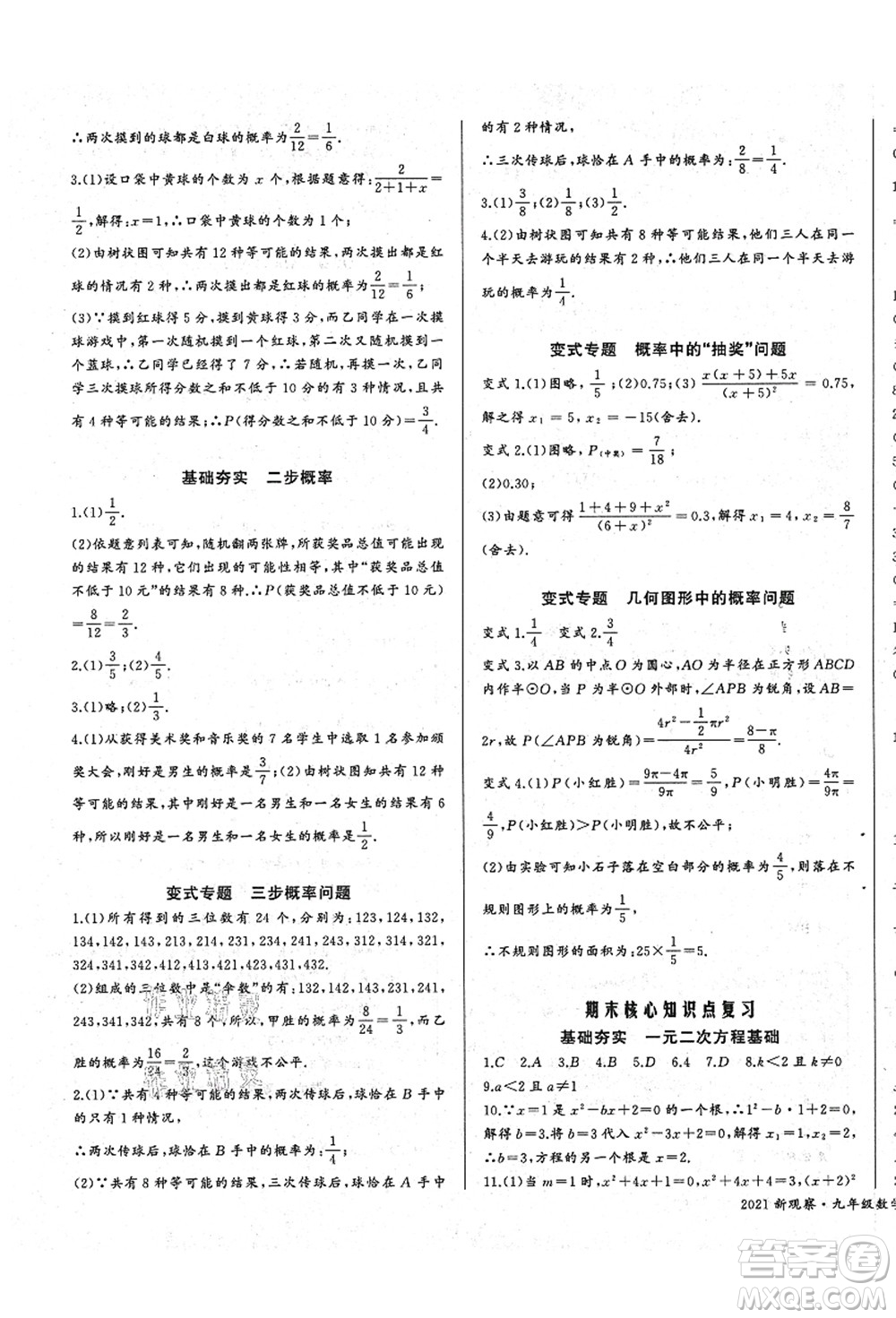 長江少年兒童出版社2021思維新觀察九年級(jí)數(shù)學(xué)上冊(cè)RJ人教版答案