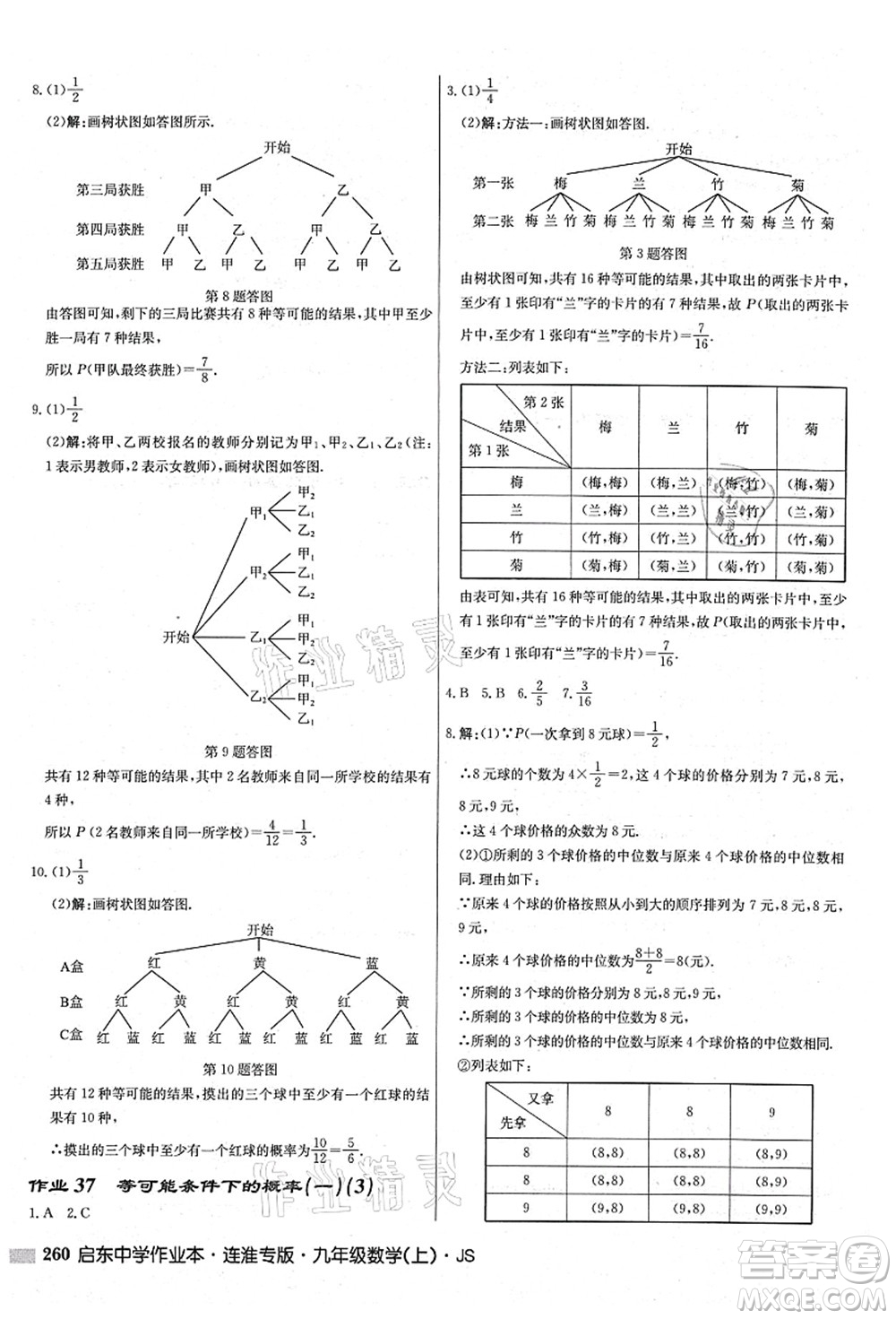 龍門書局2021啟東中學作業(yè)本九年級數學上冊JS江蘇版連淮專版答案