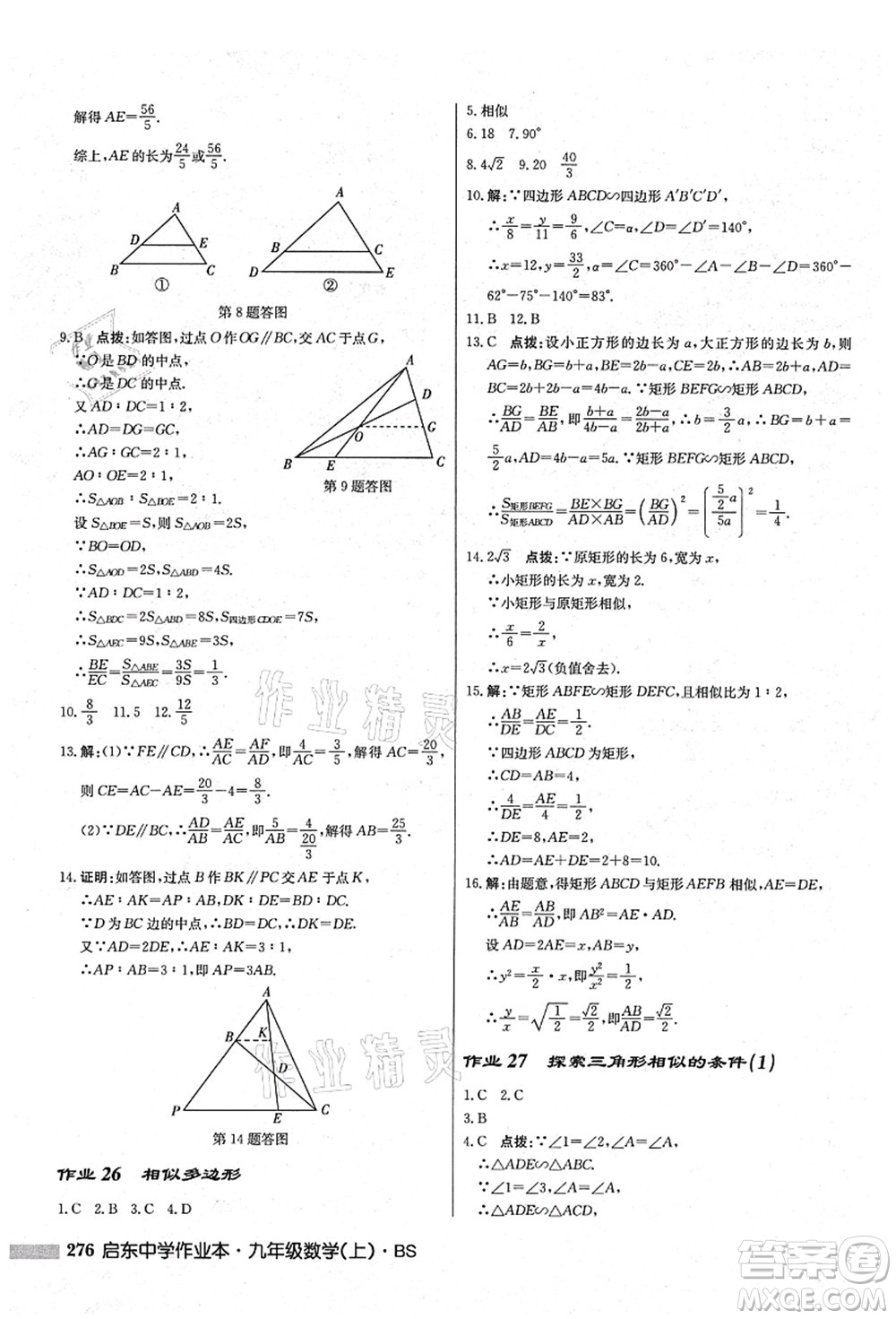 龍門書局2021啟東中學(xué)作業(yè)本九年級數(shù)學(xué)上冊BS北師版答案