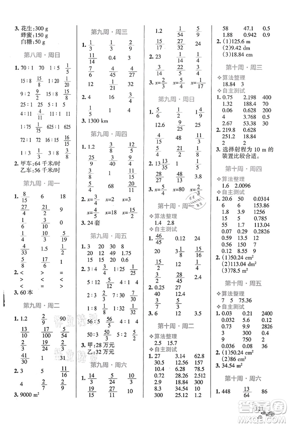 遼寧教育出版社2021小學(xué)學(xué)霸天天計(jì)算六年級(jí)數(shù)學(xué)上冊(cè)RJ人教版答案