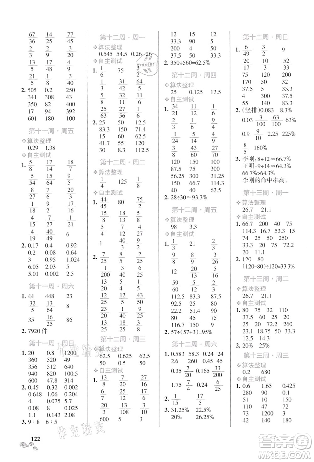 遼寧教育出版社2021小學學霸天天計算六年級數(shù)學上冊SJ蘇教版答案