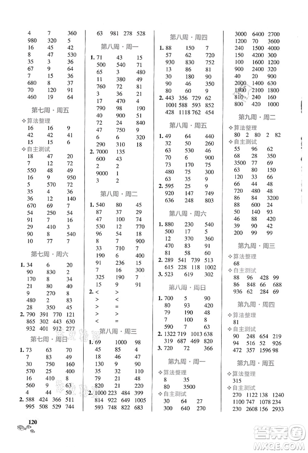 遼寧教育出版社2021小學學霸天天計算三年級數(shù)學上冊RJ人教版答案