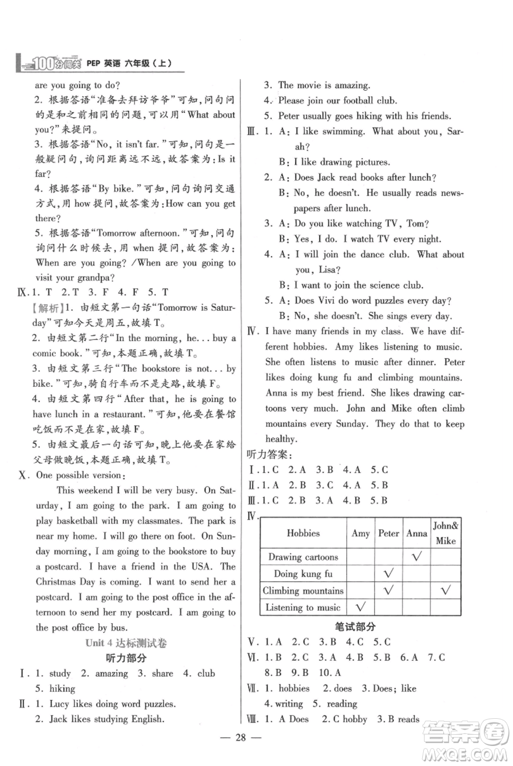 遠方出版社2021年100分闖關同步練習冊六年級上冊英語人教版參考答案