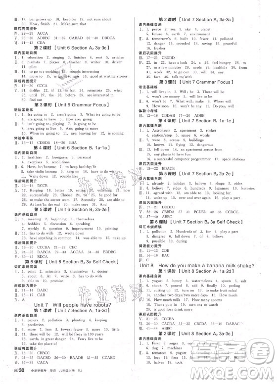 河北科學(xué)技術(shù)出版社2021全品學(xué)練考英語(yǔ)八年級(jí)上冊(cè)RJ人教版包頭專版答案