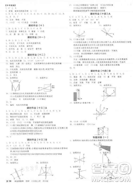 陽(yáng)光出版社2021全品學(xué)練考物理八年級(jí)上冊(cè)SK蘇科版答案