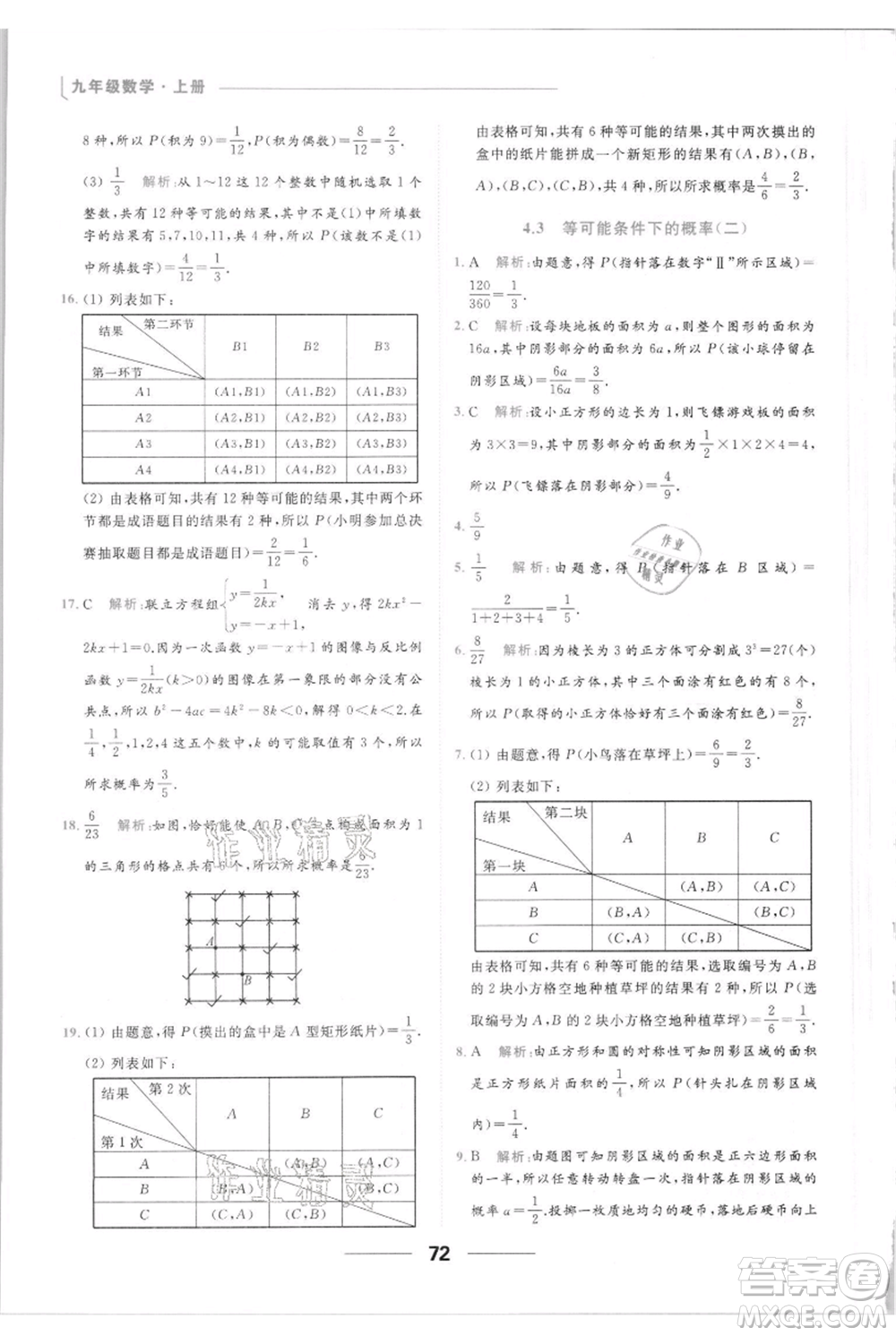 云南美術(shù)出版社2021秋季亮點給力提優(yōu)課時作業(yè)本九年級上冊數(shù)學(xué)通用版參考答案