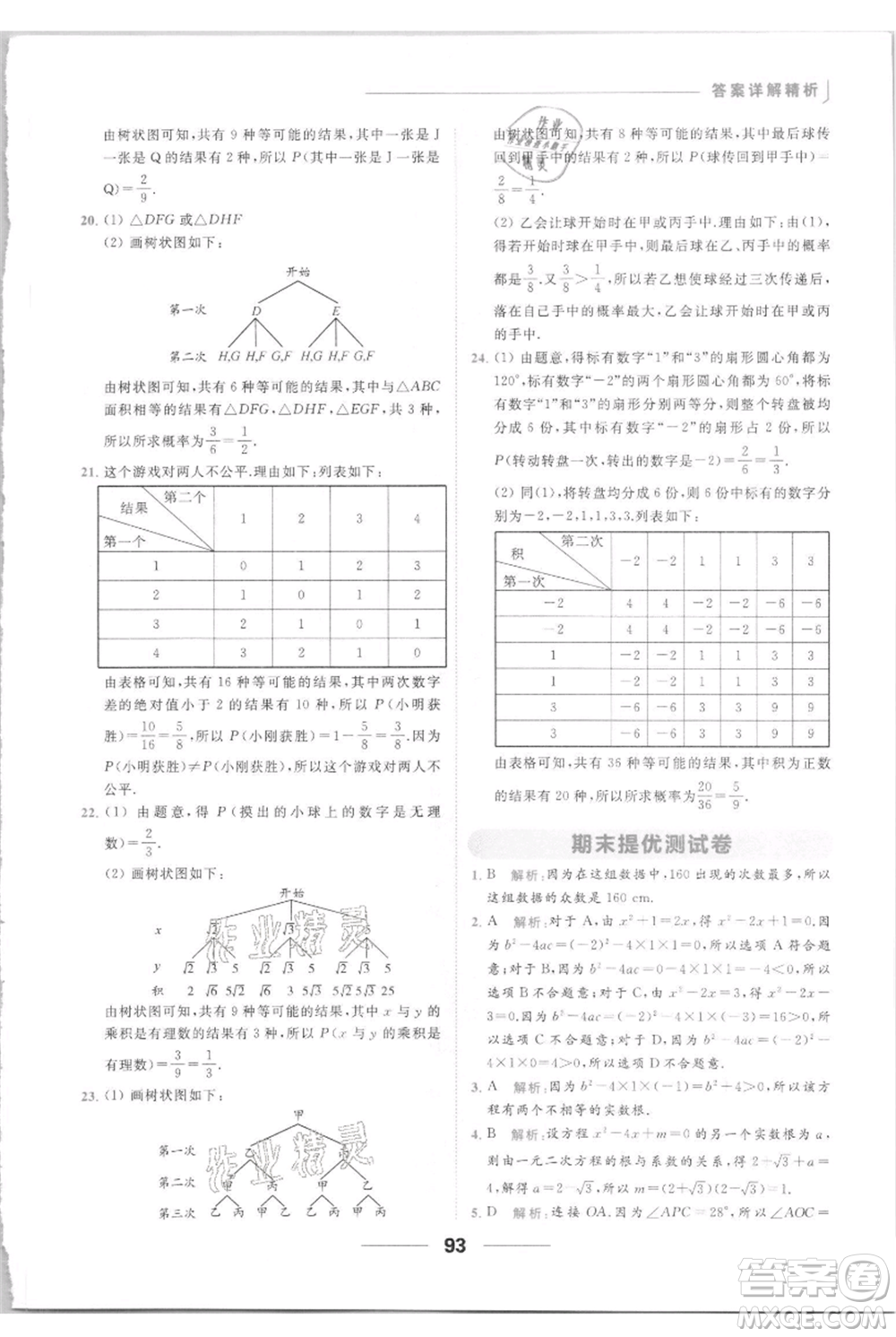 云南美術(shù)出版社2021秋季亮點給力提優(yōu)課時作業(yè)本九年級上冊數(shù)學(xué)通用版參考答案