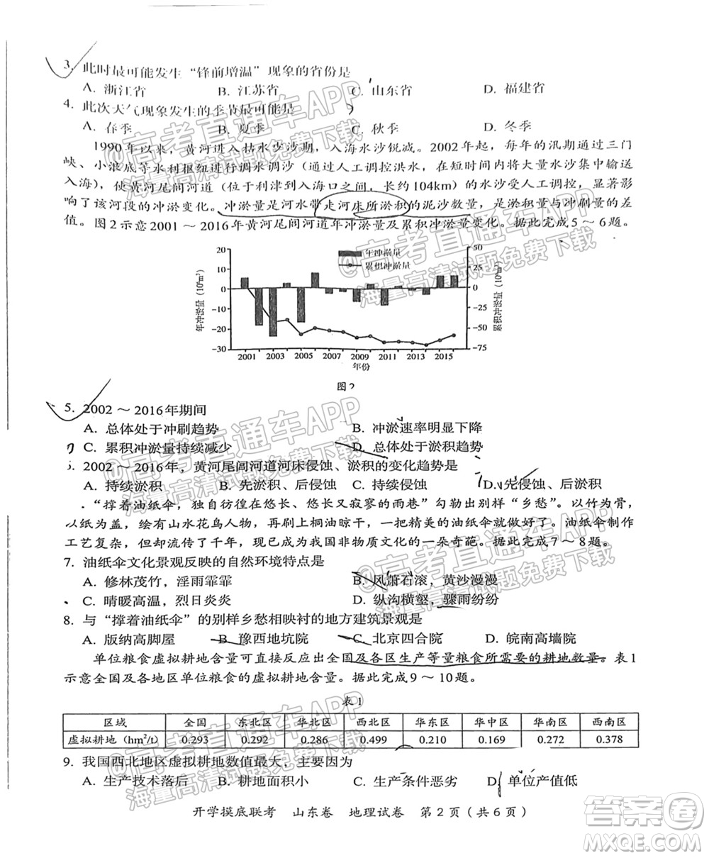 2022屆山東百師聯(lián)盟高三開學(xué)摸底聯(lián)考地理試卷及答案