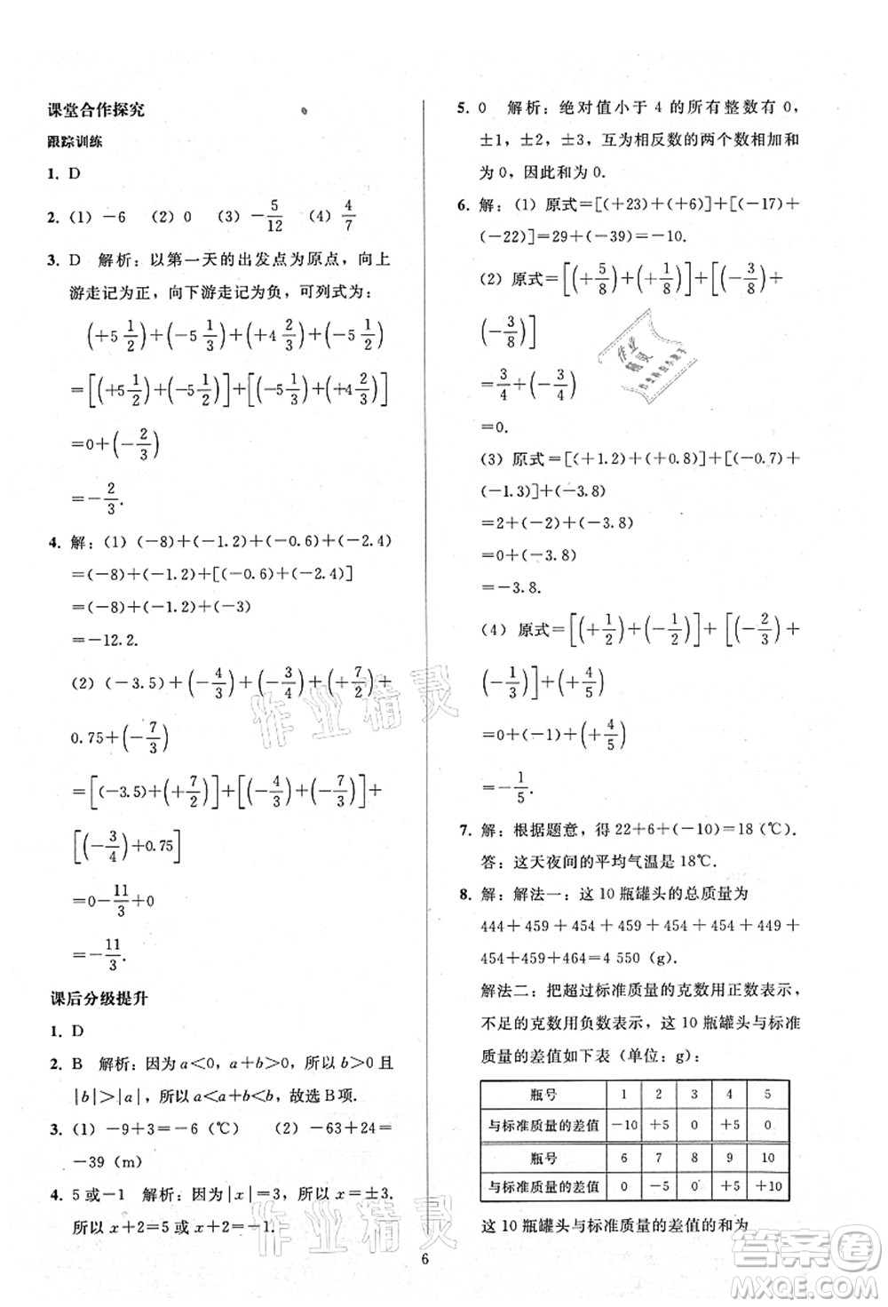 人民教育出版社2021同步輕松練習(xí)七年級(jí)數(shù)學(xué)上冊(cè)人教版答案