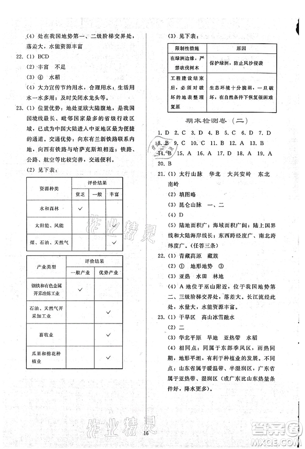 人民教育出版社2021同步輕松練習(xí)八年級地理上冊人教版答案