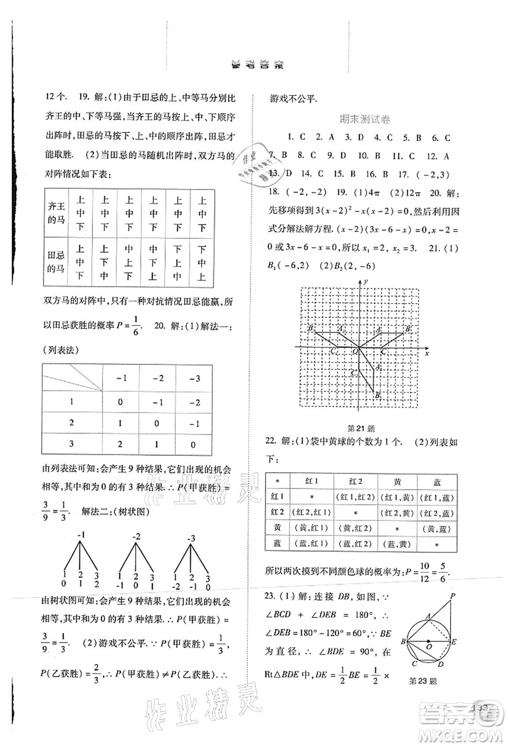 河北人民出版社2021同步訓練九年級數學上冊人教版答案