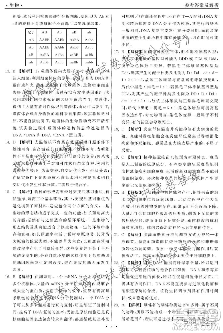 天舟高考2022屆高三第一次學(xué)業(yè)質(zhì)量聯(lián)合檢測生物答案