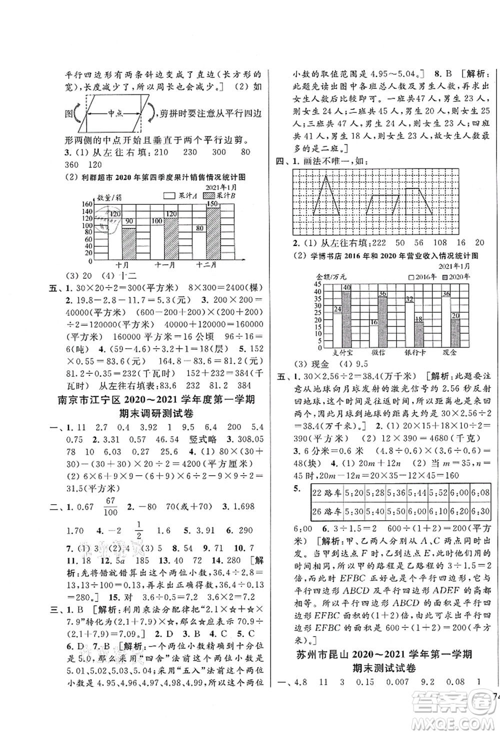 云南美術(shù)出版社2021同步跟蹤全程檢測(cè)及各地期末試卷精選五年級(jí)數(shù)學(xué)上冊(cè)蘇教版答案