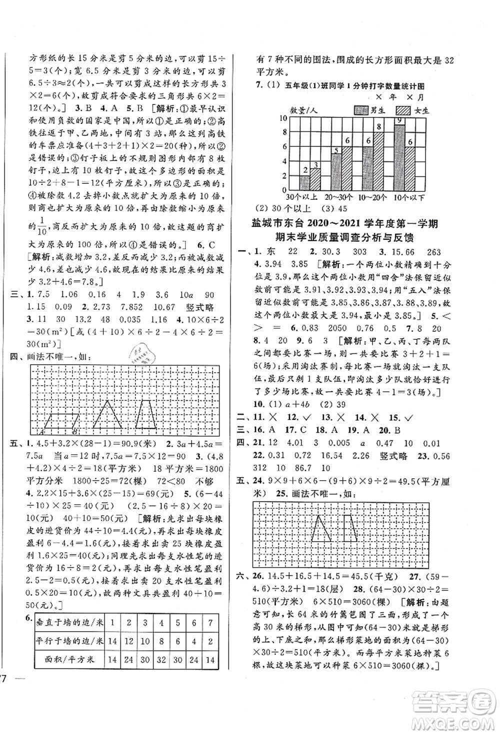 云南美術(shù)出版社2021同步跟蹤全程檢測(cè)及各地期末試卷精選五年級(jí)數(shù)學(xué)上冊(cè)蘇教版答案