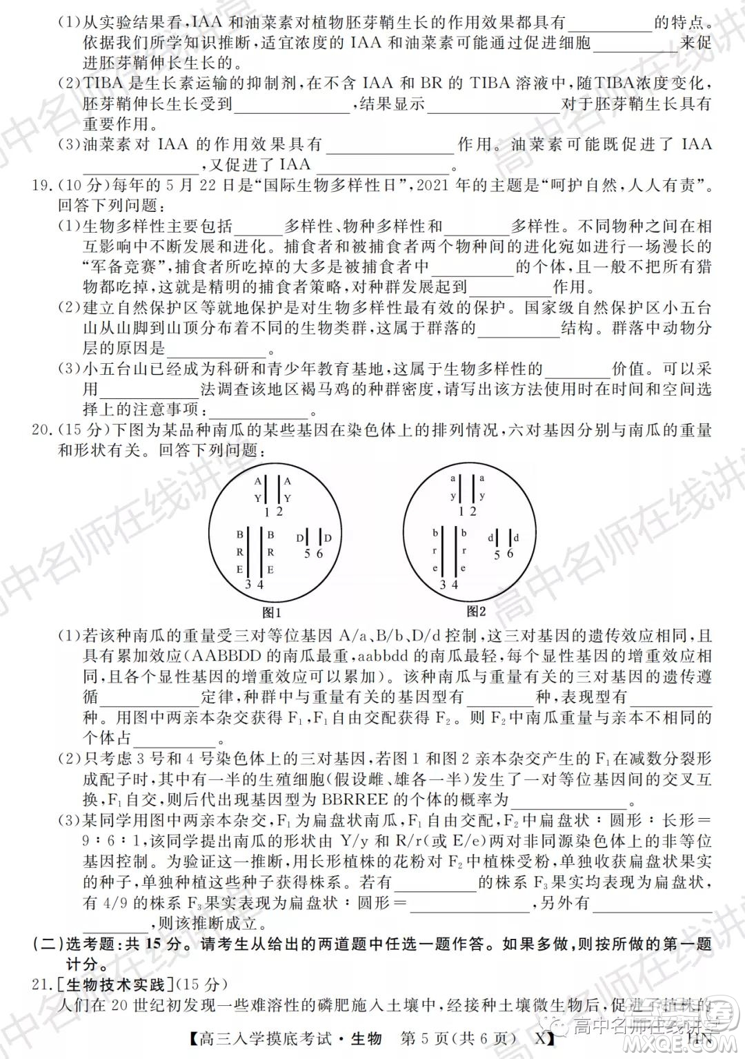 天壹名校聯(lián)盟2022屆高三入學(xué)摸底考試生物試題及答案