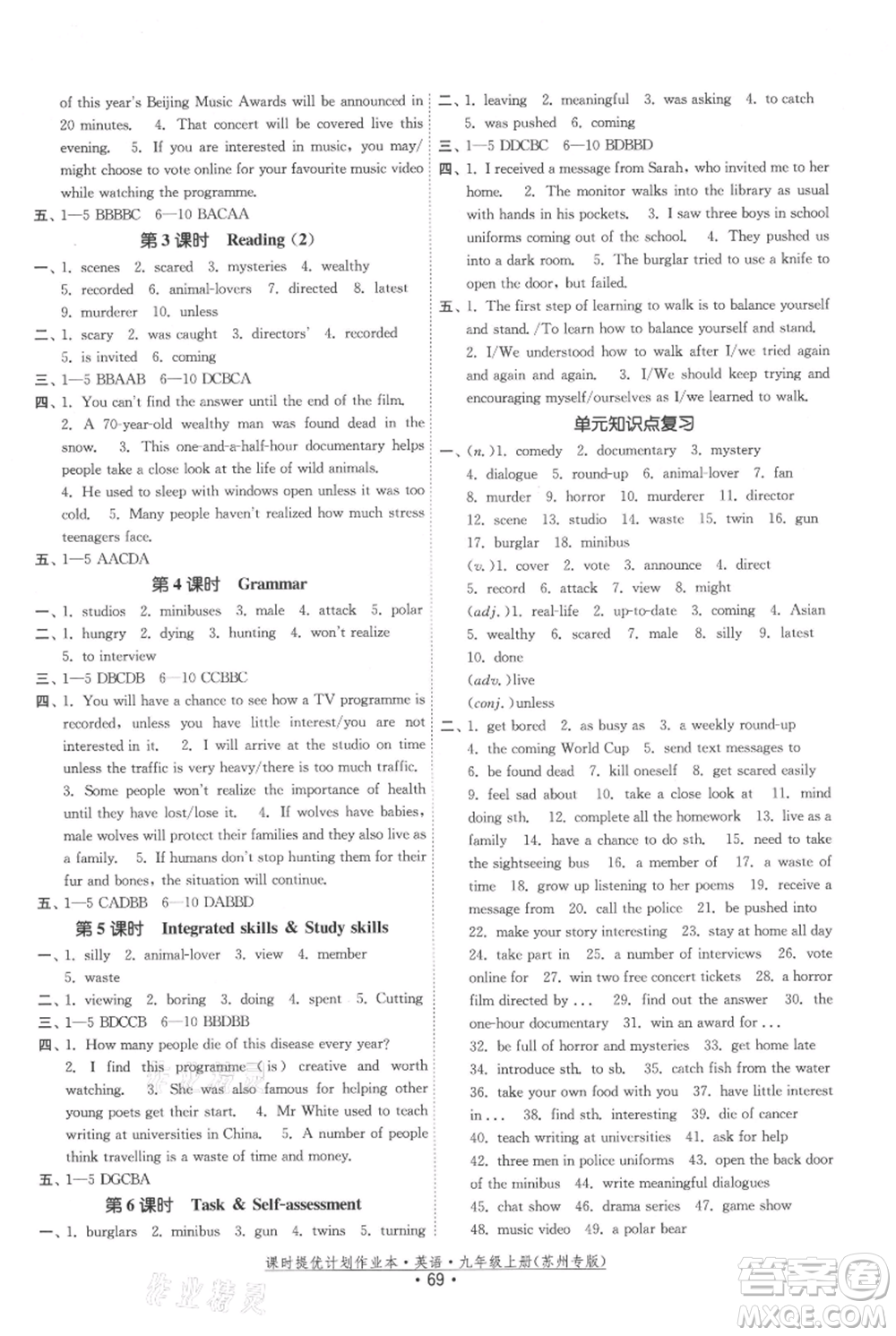 福建人民出版社2021課時(shí)提優(yōu)計(jì)劃作業(yè)本九年級(jí)上冊(cè)英語(yǔ)譯林版蘇州專版參考答案