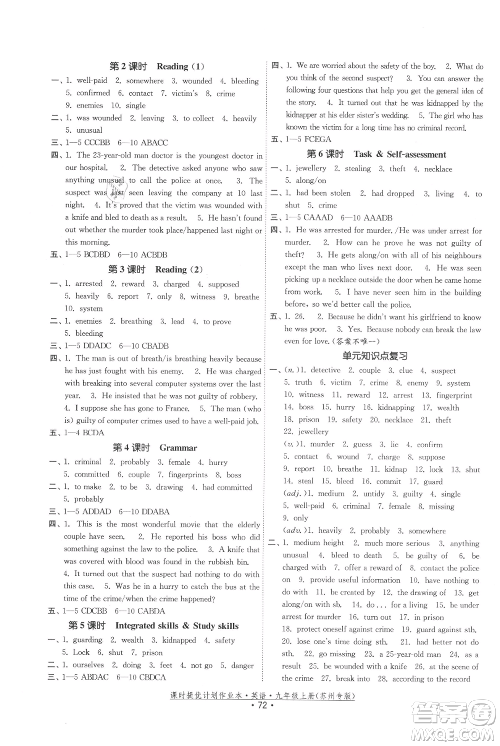 福建人民出版社2021課時(shí)提優(yōu)計(jì)劃作業(yè)本九年級(jí)上冊(cè)英語(yǔ)譯林版蘇州專版參考答案